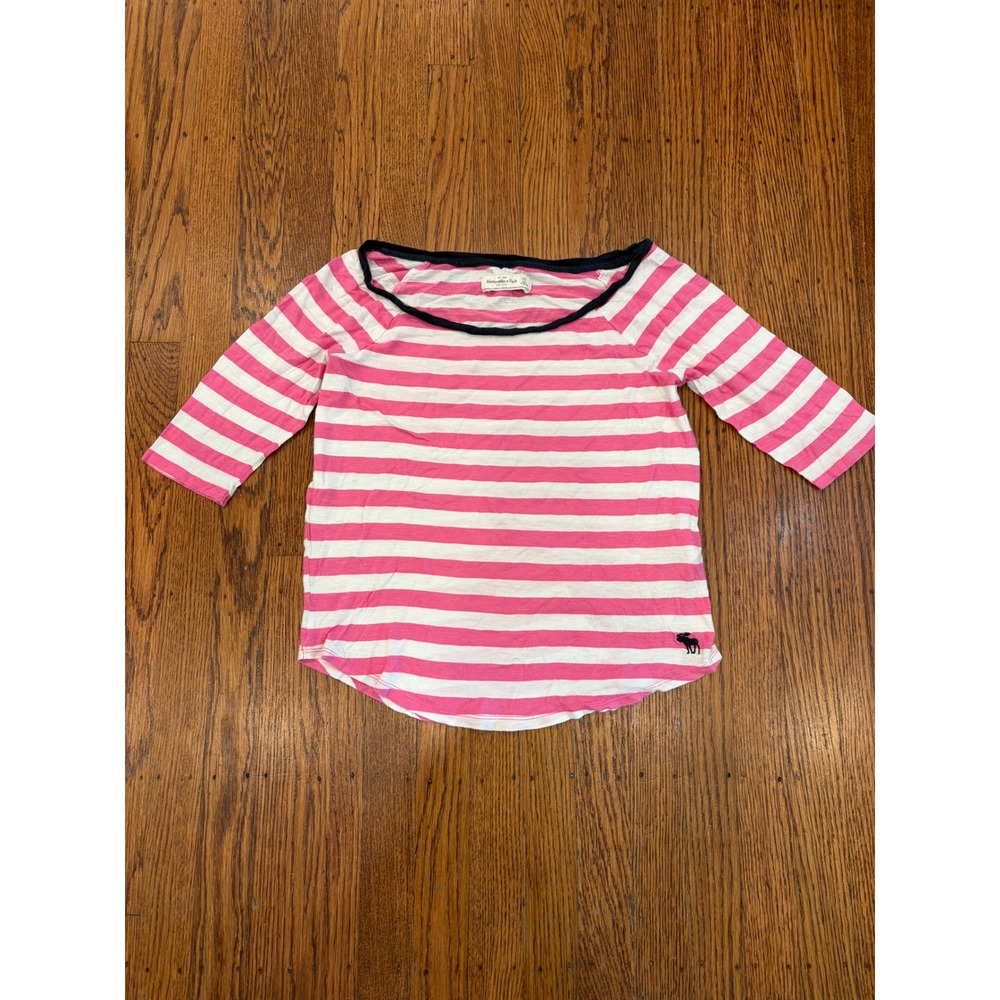 Abercrombie & Fitch Pink Stripe Boat Neck 3/4 Sleeve Moose Logo Top XS